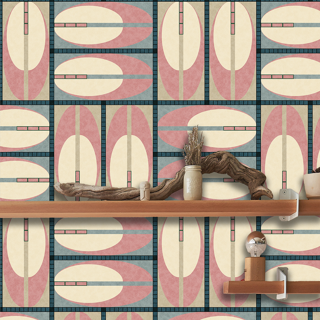 The artwork features a repeating geometric pattern of symmetrical shapes resembling elongated, curved diamonds or petals in various shades of blue and green. Each shape is split vertically with one half filled with a light blue and the other half filled with green or darker blue. The background is a light, almost pastel blue, which provides a soft yet vibrant backdrop. One of the blue shapes near the upper left contains a white starburst element, adding a focal point of brightness to the composition. The overall design conveys a modern, mid-century aesthetic with clean lines and harmonious color contrasts.